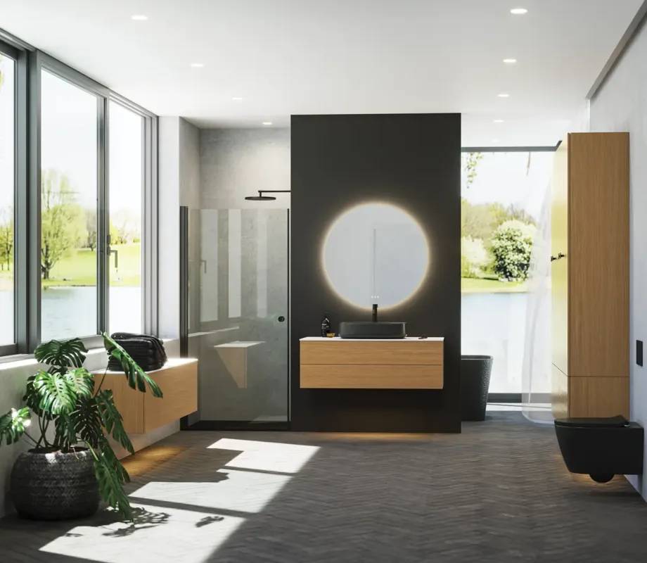 Minimalistische en stijlvolle badkamer inspiratie met wastafelmeubel, onderkasten en hoge kasten in gouden eik, grote ronde spiegel met lichtregeling, gekleurd toilet en vrijstaande wastafel