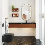 Moderne en stijlvolle badkamer inspiratie met ovale spiegel met zwarte lijst en lichtregeling, gekleurd toilet, wastafelmeubel, onderkasten en kasten in roodbruin eiken, Silestone wastafel en bijpassende vloer