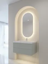 Stijlvolle en moderne badkamer inspiratie met ovale spiegels met lichtregeling, stenen wastafels en wastafelmeubels met elegante groeven in een minimalistisch ontwerp, lichte en luchtige sfeer met elegante verlichting en verfijnde details