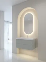Stijlvolle en moderne badkamer inspiratie met ovale spiegels met lichtregeling, stenen wastafels en wastafelmeubels met elegante groeven in een minimalistisch ontwerp, lichte en luchtige sfeer met elegante verlichting en verfijnde details