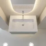 Stijlvolle en moderne badkamer inspiratie met ovale spiegels met lichtregeling, stenen wastafels en wastafelmeubels met elegante groeven in een minimalistisch ontwerp, lichte en luchtige sfeer met elegante verlichting en verfijnde details